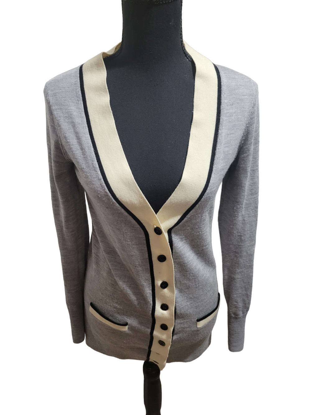 Halogen Gray Black Cream Button Down 100% Merino Wool Cardigan, Sz S
